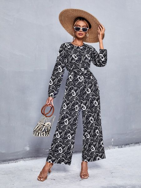 

allover print hidden pocket blouson sleeve belted jumpsuit 01ar#, White