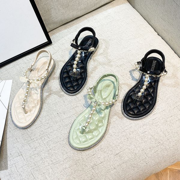 

2021 transparent female summer wear new flat-bottomed sandals feminine roman pearls 7qhv, Black