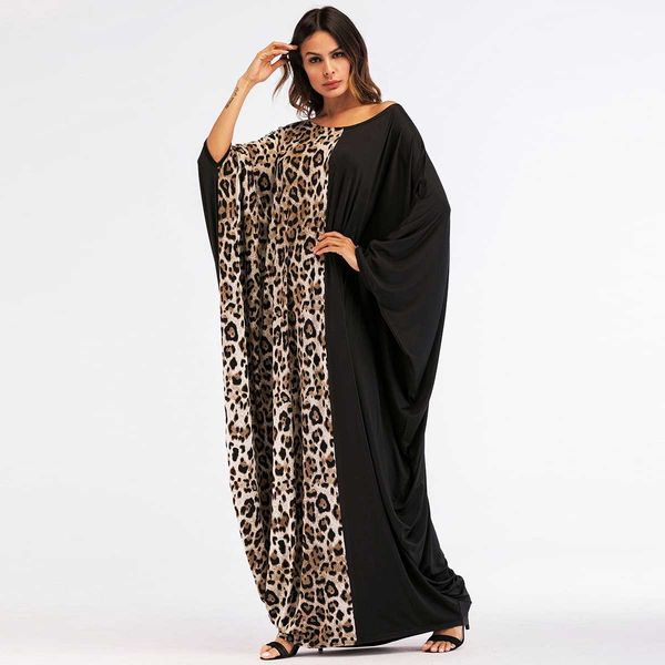 

2020 Leopard Printed Patchwork Women Abaya Maxi Dress eid kaftan Ramadan robe chic Vestido Batwing loose gown plus size VKDR1450