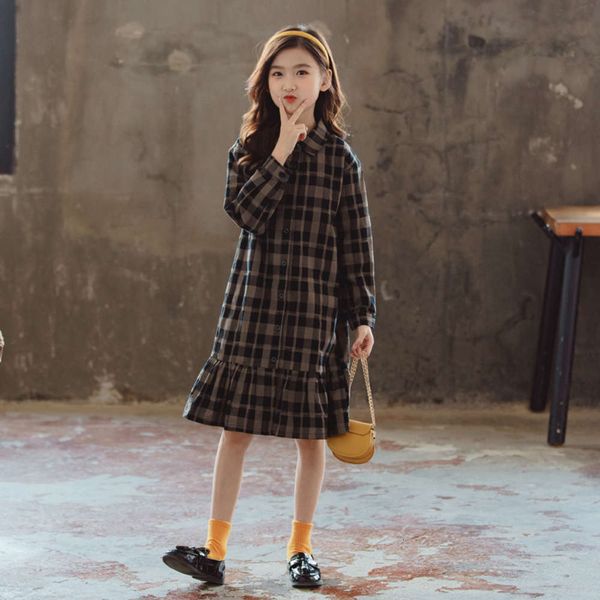 

zhongda new 2020 children's autumn korean plaid drs girl's pure cotton lotus leaf long skirt j40rm829, Red;yellow