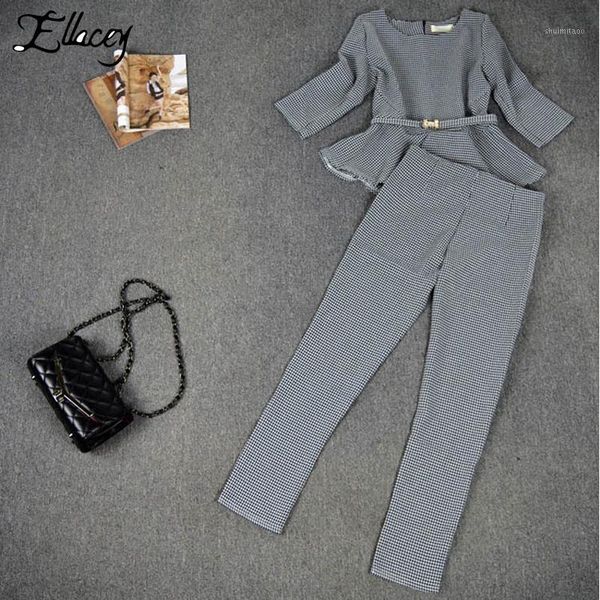 

new 2018 spring autumn fashion women's business pants suits houndstooth checker pattern ruffles suits for women 2 pieces set1, White;black