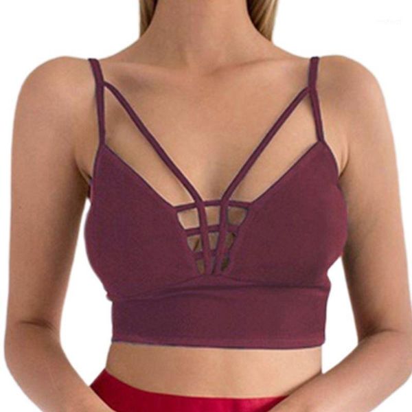 

womens deep v-neck crop hollow out strappy bandage front camisole backless seamless solid color stretchy bralette vest1, Red;black