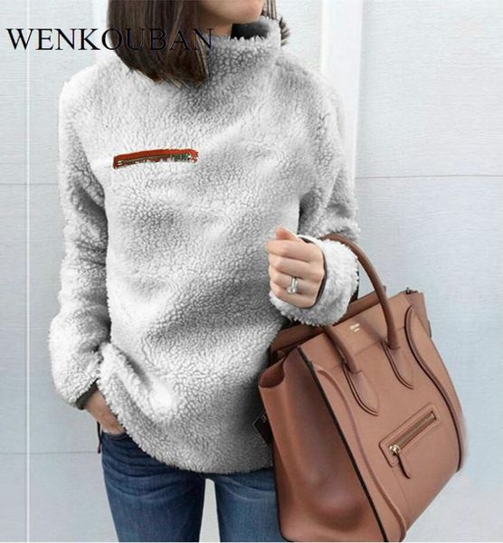

autumn women sweater fashion fluffy fleece turtleneck sweater female zip women truien dames long sleeve sueter mujer invierno, White;black