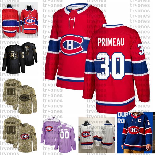 

2021 reverse retro customize #30 cayden primeau montreal canadiens hockey jerseys golden edition camo veterans day fights cancer shirt, Black;red