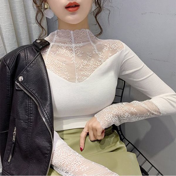 

elegant 2021 women's new lace blouse mesh long sleeves shirt plus size floral fashion embroidered blouses off solid kdw3, White