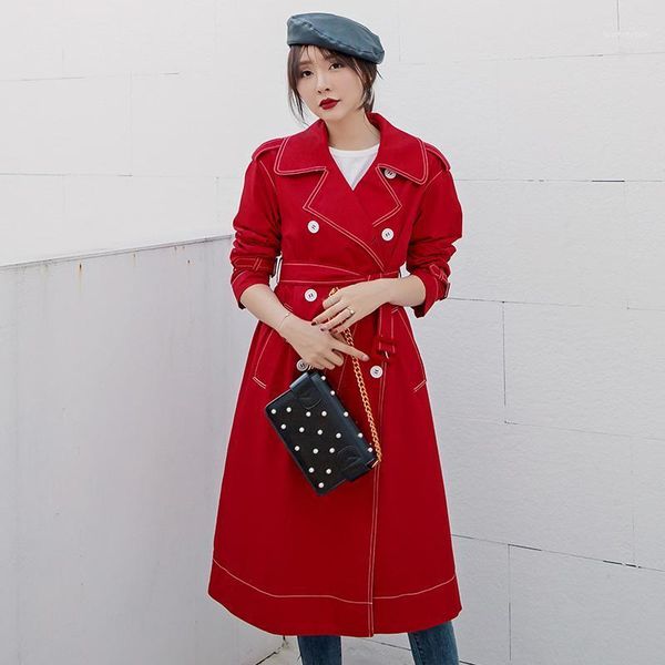 

women's trench coats yigelila autumn red double-breasted long coat casual elegant women's with belt outwear fashion 99831, Tan;black