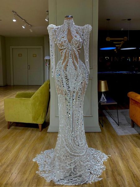 

luxury sparly mermaid prom party dresses lace sweep train high neck plus size beaded real picture long sleeve evening gowns, Black
