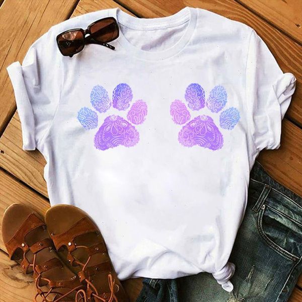 

funny women t shirt cute dog paw print t shirt fashion short sleeve tee female casual summer graphic tee shirts, White