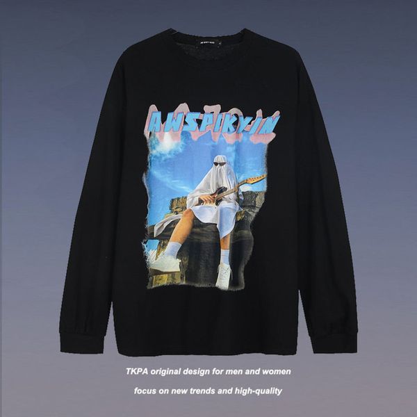

tkpa american fashion brand personalized character printing round neck sweater loose korean spring and autumn thin long sleeve hoodies, Black