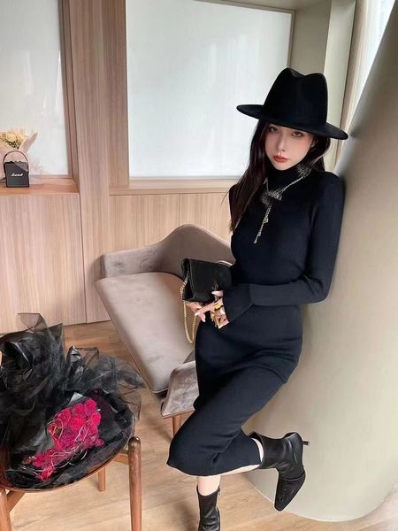 

zhen metal decorative stand collar package hip slim bottom dress long sleeve knit dress, Black;gray