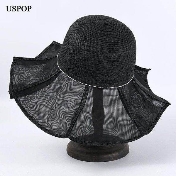 

wide brim hats uspop mesh yarn patchwork women sun straw lotus leaf fedoras female summer1, Blue;gray