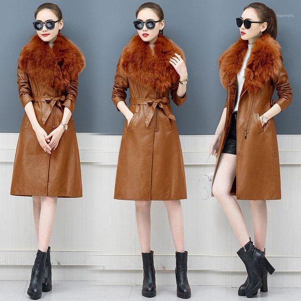 

large fur collar leather jacket thick plus velvet pu women jacket winter fashion slim medium-length women leather jk2931, Black