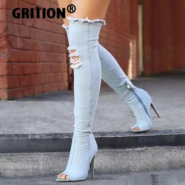 

grition women over the knee boots peep toe high heels stiletto stretch denim fashional designer women shoes 2020, Black