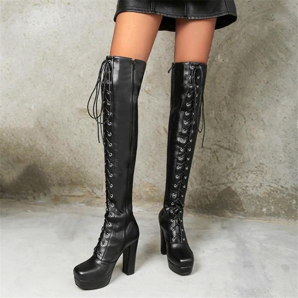 

pxelena rome lace up riding knight over the knee boots women pu leather heels motorcycle thigh high boots winter shoes 34-45, Black