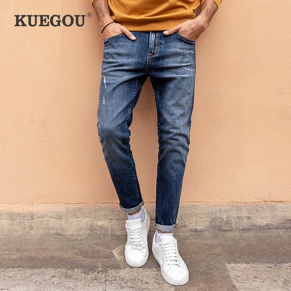 

kuegou cotton autumn spring clothing men jeans scratched wear slim fashion trousers stretchy denim moustache effect lk-1837 q0105, Black;white