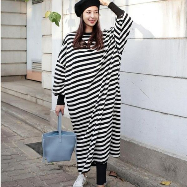 

pzood early autumn 2020 sleeve korea east dress ins net red south stripe long fashion gate slit loose dress women qg3ud, Black;gray