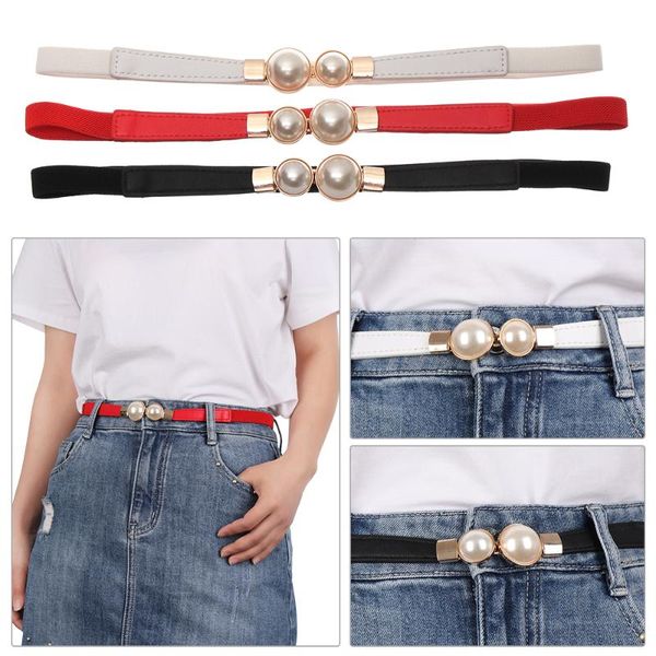 

1pc new fashion women elastic waist belts pu leather simulated pearl waist chain sweet dress skirt thin vintage waistband apparel, Black;brown