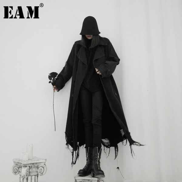 

[eam] women hollow out big size denim trench new lapel long sleeve loose fit windbreaker fashion spring autumn 19a-a545 201102, Tan;black