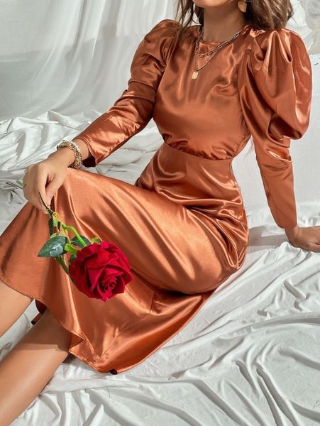 

gigot sleeve satin dress h0ud#, Black;gray