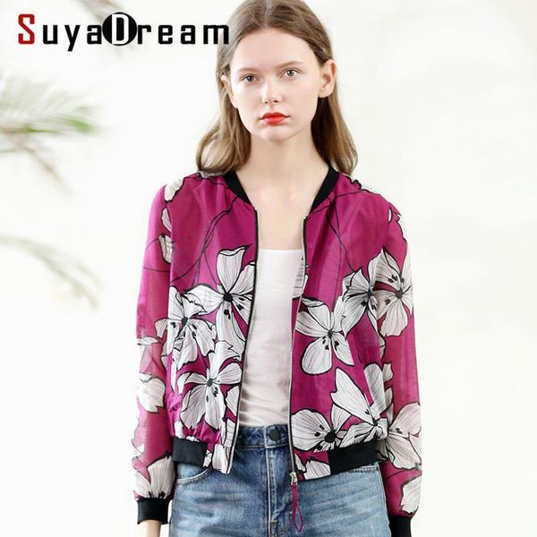

suyadream floral printed casual jackets zipper placket stand collar women short jacket 25%silk 75%cotton 2020 autumn shirt1, Black;brown