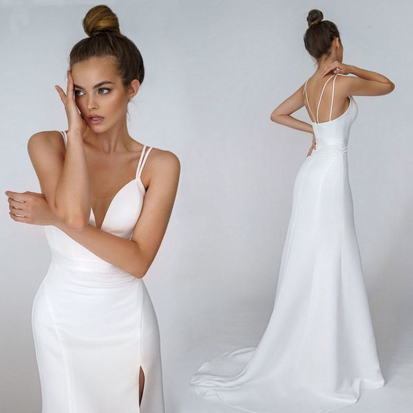 

2021 new satin mermaid side slit thin straps simple plain wedding gown backless bridal es zbma, White