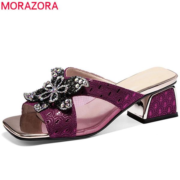 

morazora 2020 4cm square heel casual shoes women sandals genuine leather shoes flower crystal summer sandals female, Black