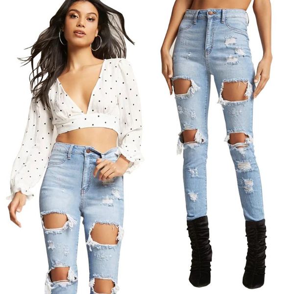 

women's jeans knee hole ripped women stretch denim pencil pants casual slim summer long trousers mid waist sale items 2021 spring, Blue
