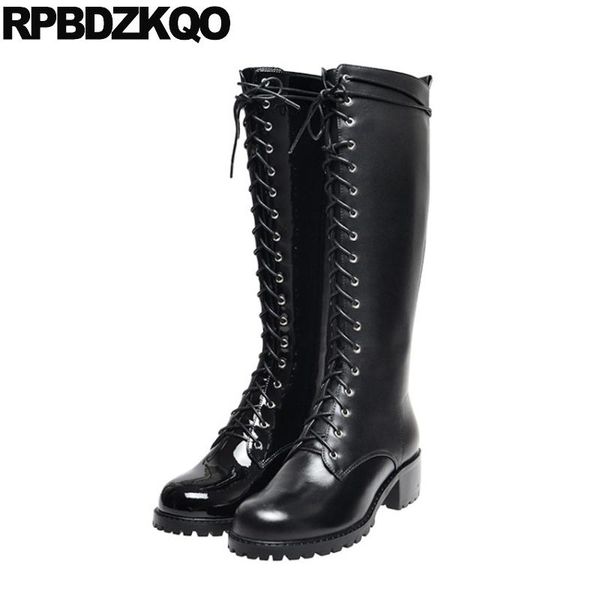 

осенью блок зашнуровать обувь дизайнер женской роскоши 2020 женщин с длинными лакированной кожи черного вскользь высокий колено высокие мехо, Black