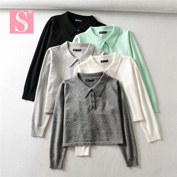 

stvy 2021 spring autumn women four buttons collar sweaters laides long sleeve knitting casual short female pullovers1, White;black