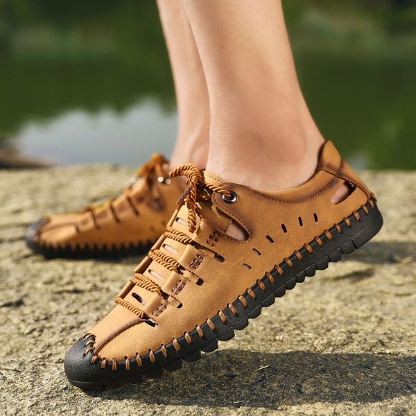 

2020 summer sandals men loafers soft bottom leather mens casual shoes comfortable beach sandals microfiber handmade non-slip big y200702, Black