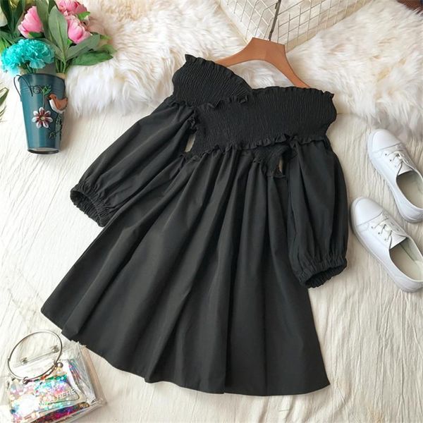 

autumn classy pure colour off-shoulder v-neck high waist slim puff sleeve dress1, Black;gray
