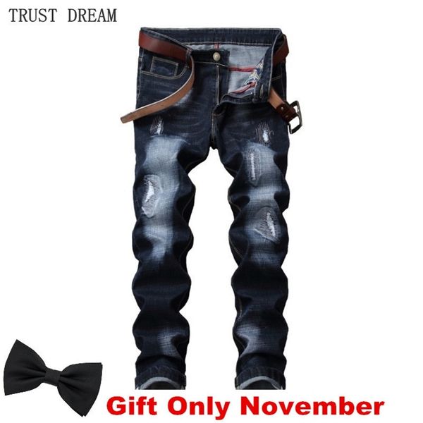 

classic men jeans distressed slim stonewash scratched casual denim pants streetwear amazing male trousers hombre homme clothing 201118, Blue