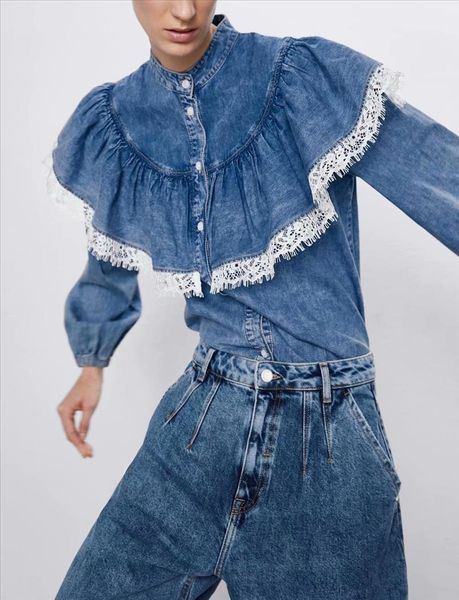 

spring 2021 new women lace stitching pleated ruffles denim shirt office lady wear long sleeve jeans blouses chic button chemise, White