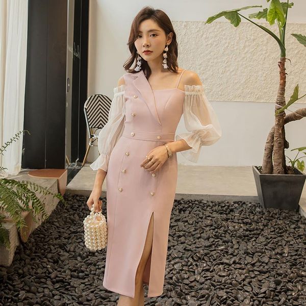 

yigelila elegant vintage dress pink long sleeves button collar dress patchwork flare sleeves mid-calf 65186, Black;gray