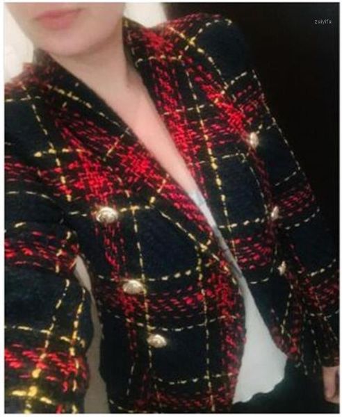 

high street new fashion fashion show 2020 designer long sleeve blazer lady lion metal plaid button color tweed wool jacket size1, White;black