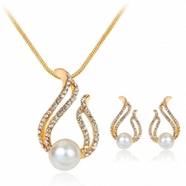

simple simulated pearl jewelry set gold color water droplets fashion crystal jewelry necklace earring two pieces set party gift, Silver