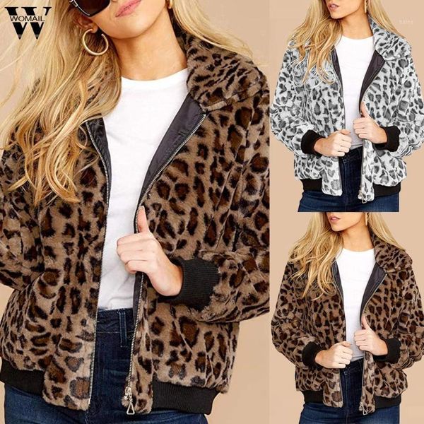 

womail coat women pockets coat elegant faux fur women 2020 autumn winter warm soft jacket zipper overcoat leopard s181, Black;brown