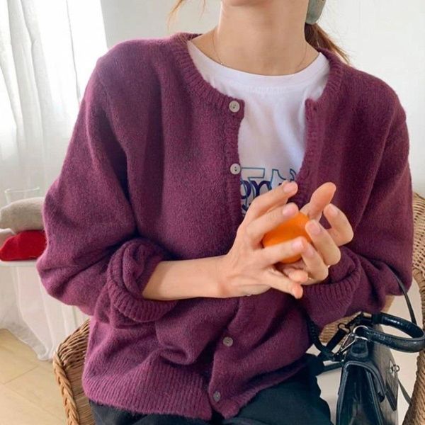 

autumn winter 2020 korean version round neck purple ins sweater cardigan loose-fitting sweater coat for women to keep warm1, White