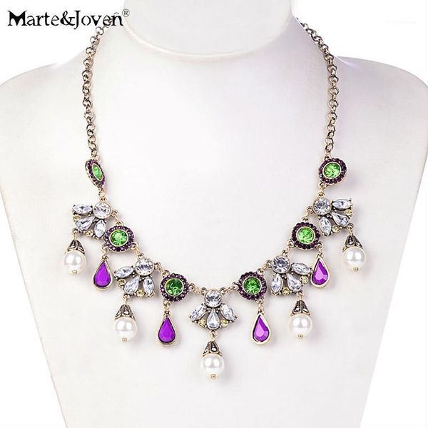 

[marte&joven] vintage women style jewelry pearl water drop flowers pendant chain necklace wholesale choker necklaces1, Golden;silver