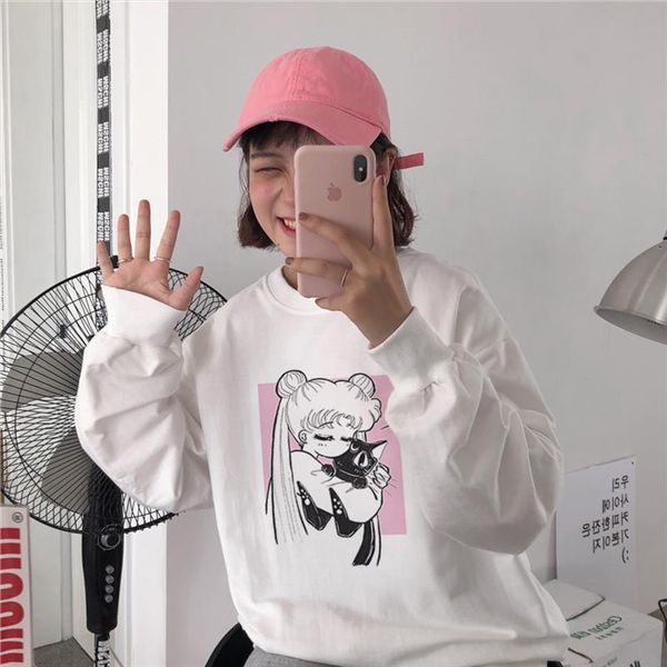 

теплая зима sailor moon мода толстовка женщины harajuku с длинным рукавом fun ulzzang cute cat мультфильм печати розовые женские случайные t, Black