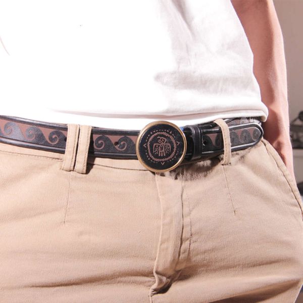 

copper round young men's trousers layer cow leather plate buckle narrow belt, Black;brown