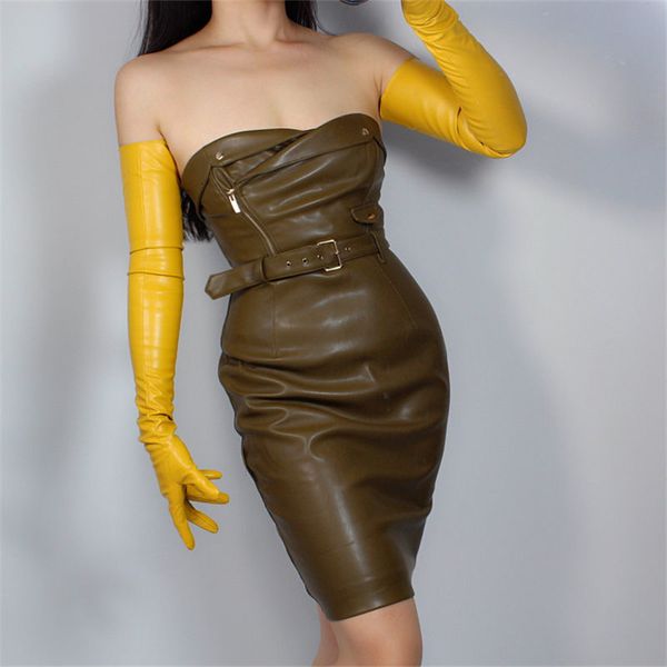 

extra long leather gloves 70cm long section emulation leather imitation sheepskin warm ginger yellow bright yellow female pu127, Blue;gray