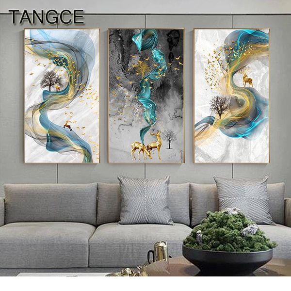

abstract golden deer paintings wall pictures modern canvas painting blue poster print wall art for living room bedroo wmtawh