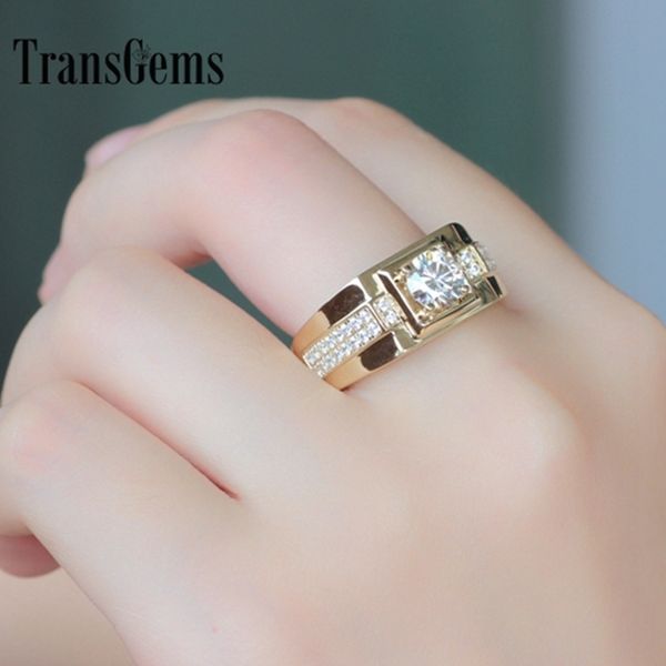 

transgems brilliance genuine 14k 585 yellow gold 1 carat ct f color engagement wedding ring for man ring men engagement ring y200620, Slivery;golden