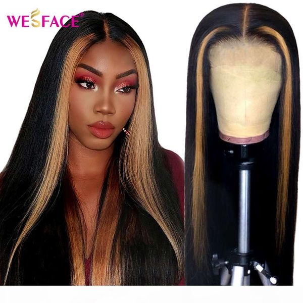 

highlight front human hair for women 4x4 brazilian straight closure wig 13x1 t part lace wigs brown blonde color, Black;brown