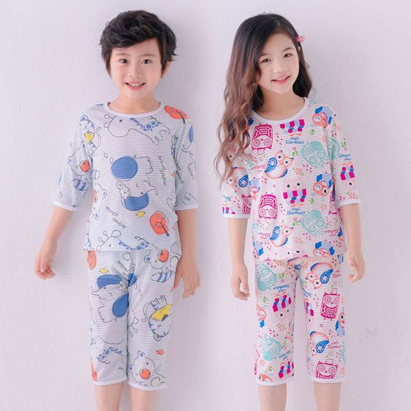 

3 4-sve / thin children's cotton housewear medium large boys' and girls' short sve air-conditioned cloth baby pajamas suit su, Blue;red