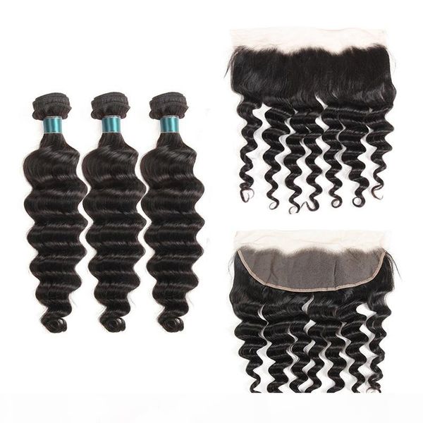 

brazilian virgin human hair bundles frontal loose deep wave ear to ear pre plucked lace frontal closure with 3 bundles hair extensions, Black;brown