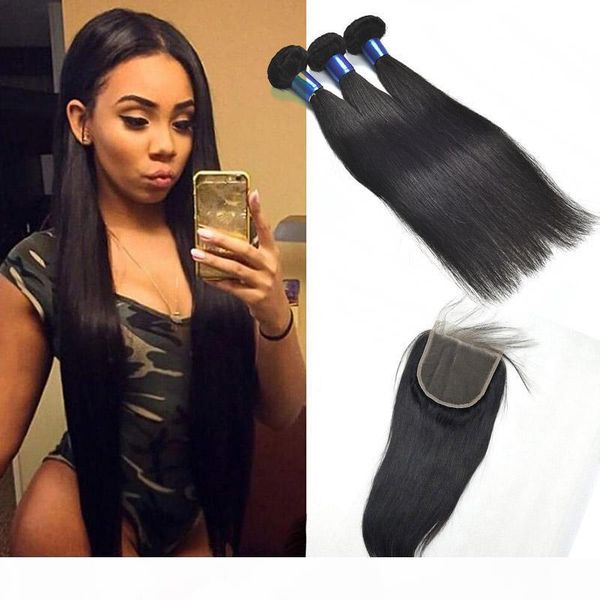 

malaysian human hair bundles with 5x5 closure natural color straight virgin hair extensions with 5x5 closure straight human hair wefts, Black;brown