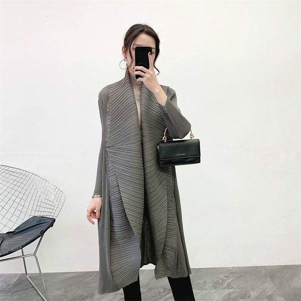 

lanmrem solid color mid-length pleated cardigan women 2020 new autumn casual slim was thin loose big size windbreaker lj201128, Tan;black