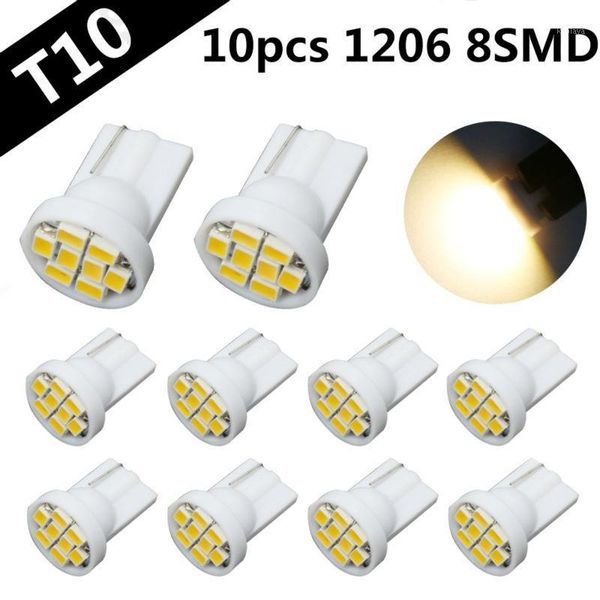 

10pcs w5w t10 led 8 smd 1206 led bulbs 168 192 warm white lamp for auto car wedge dome map reading license plate trunk lights1